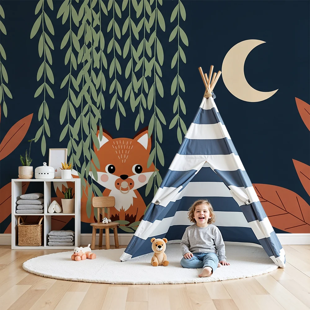 Nursery room wallpaper | Cute fox under moon