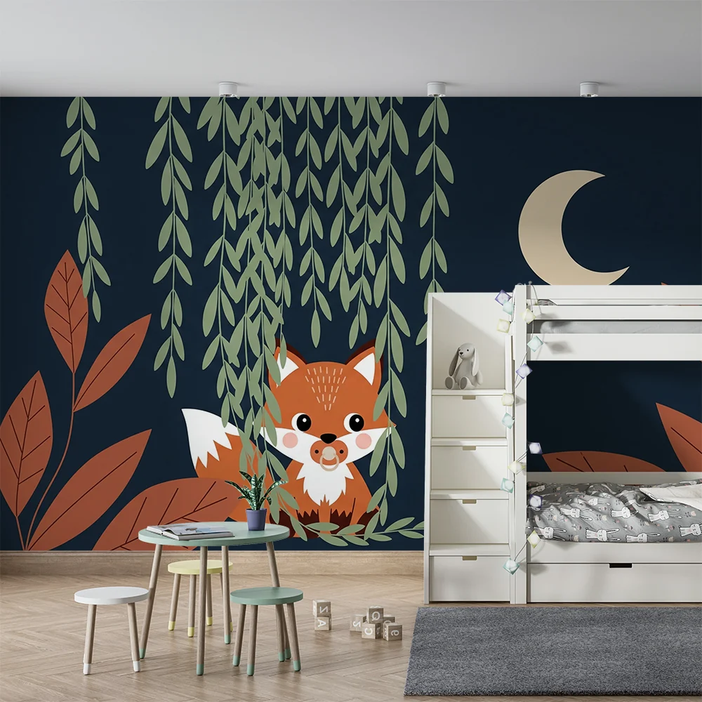 Nursery room wallpaper | Cute fox under moon