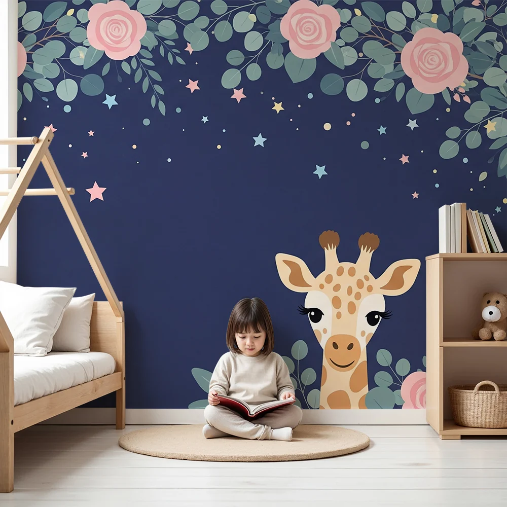 Nursery room wallpaper | Cute giraffe and delicate roses