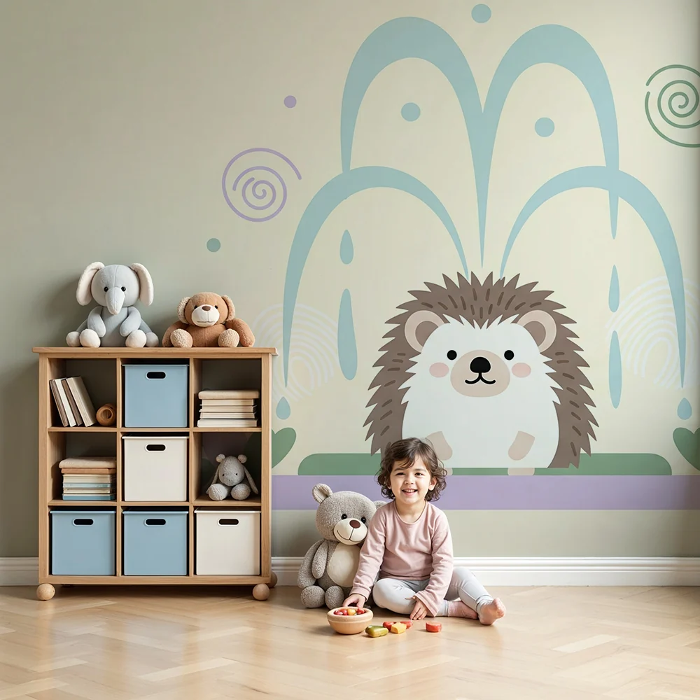 Nursery room wallpaper | Cute hedgehog and fountain
