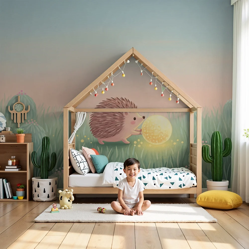 Nursery room wallpaper | Cute hedgehog glowing ball field flowers