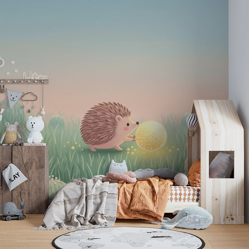 Nursery room wallpaper | Cute hedgehog glowing ball field flowers