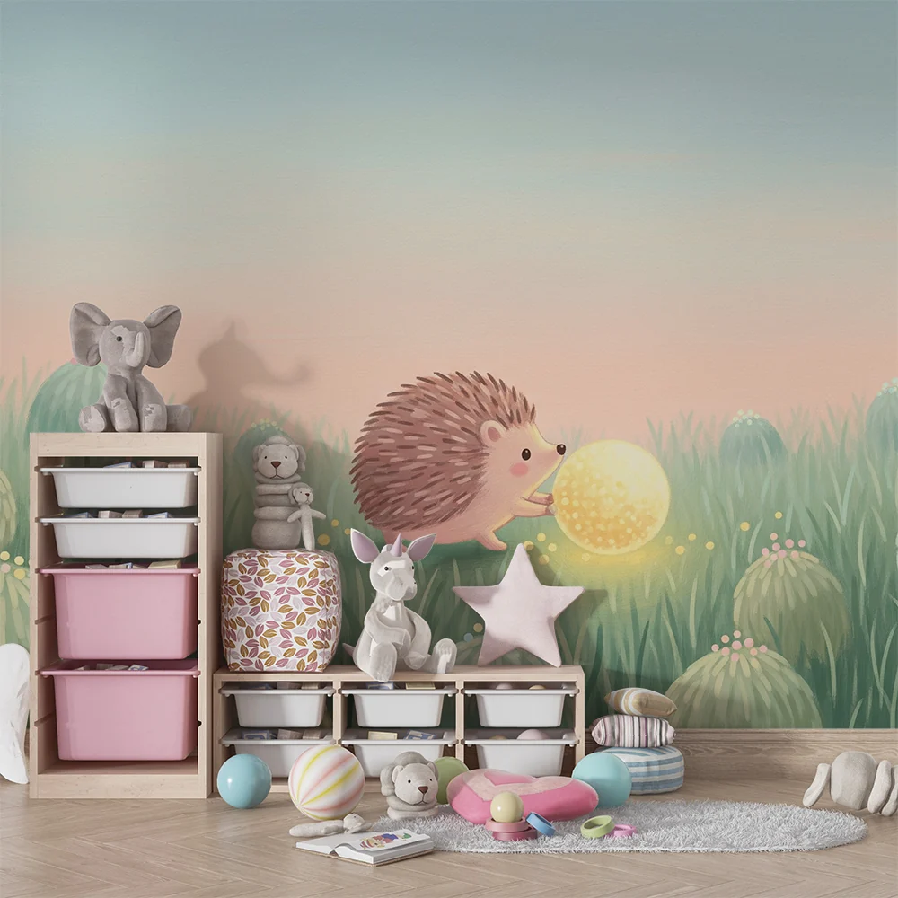 Nursery room wallpaper | Cute hedgehog glowing ball field flowers
