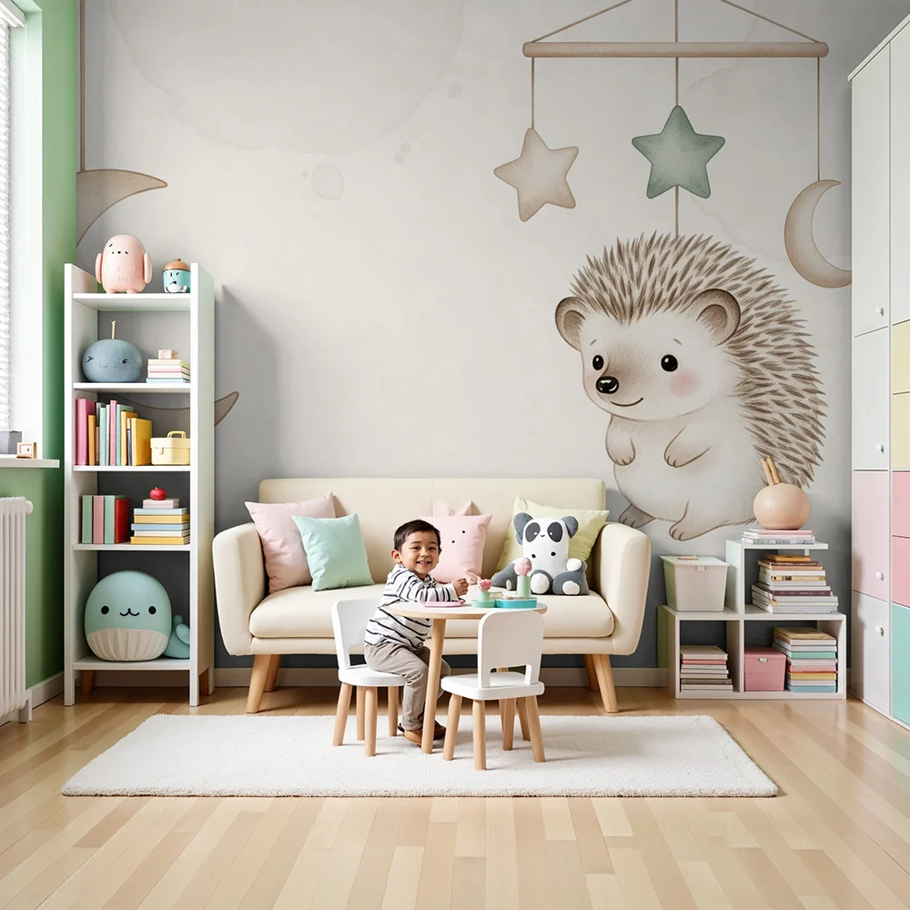 Nursery room wallpaper | Cute hedgehog and starry mobile