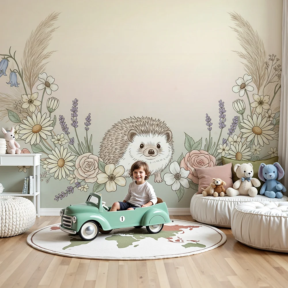 Nursery room wallpaper | Cute hedgehog surrounded delicate flowers