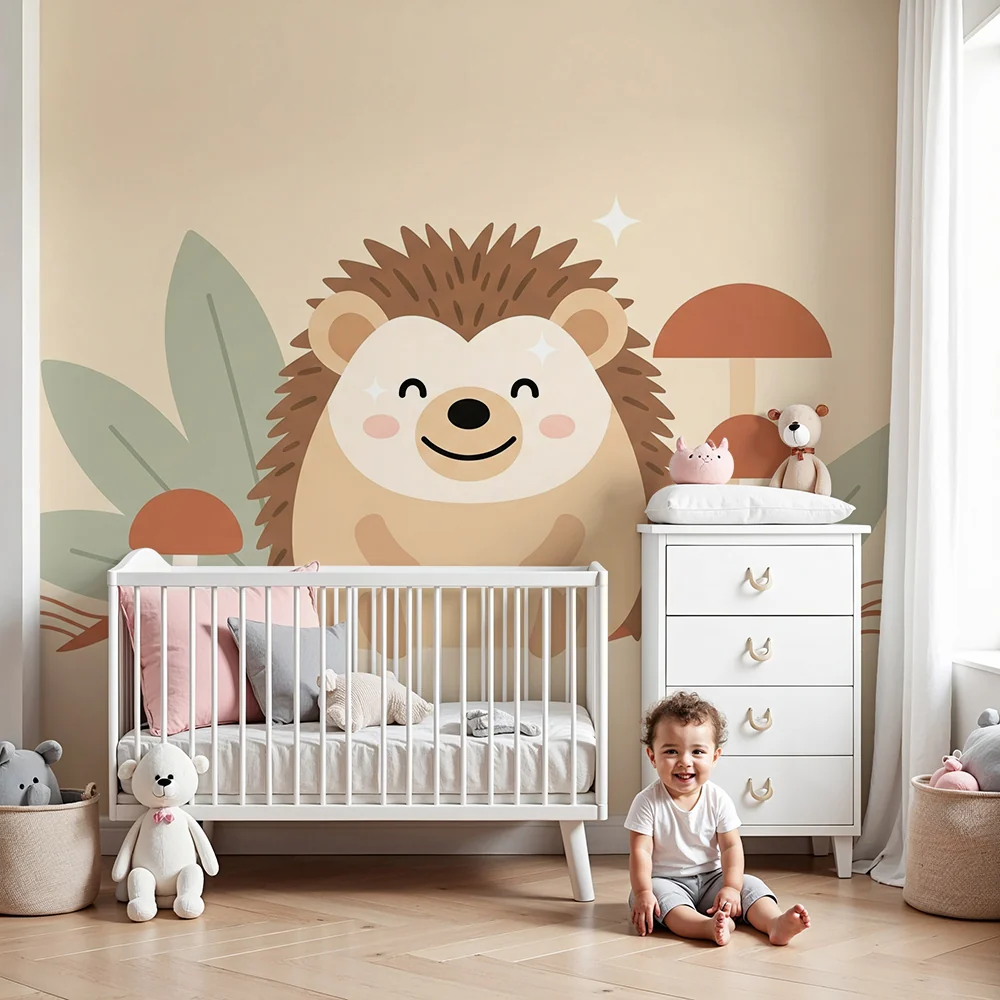 Nursery room wallpaper | Cute hedgehog surrounded mushrooms and leaves