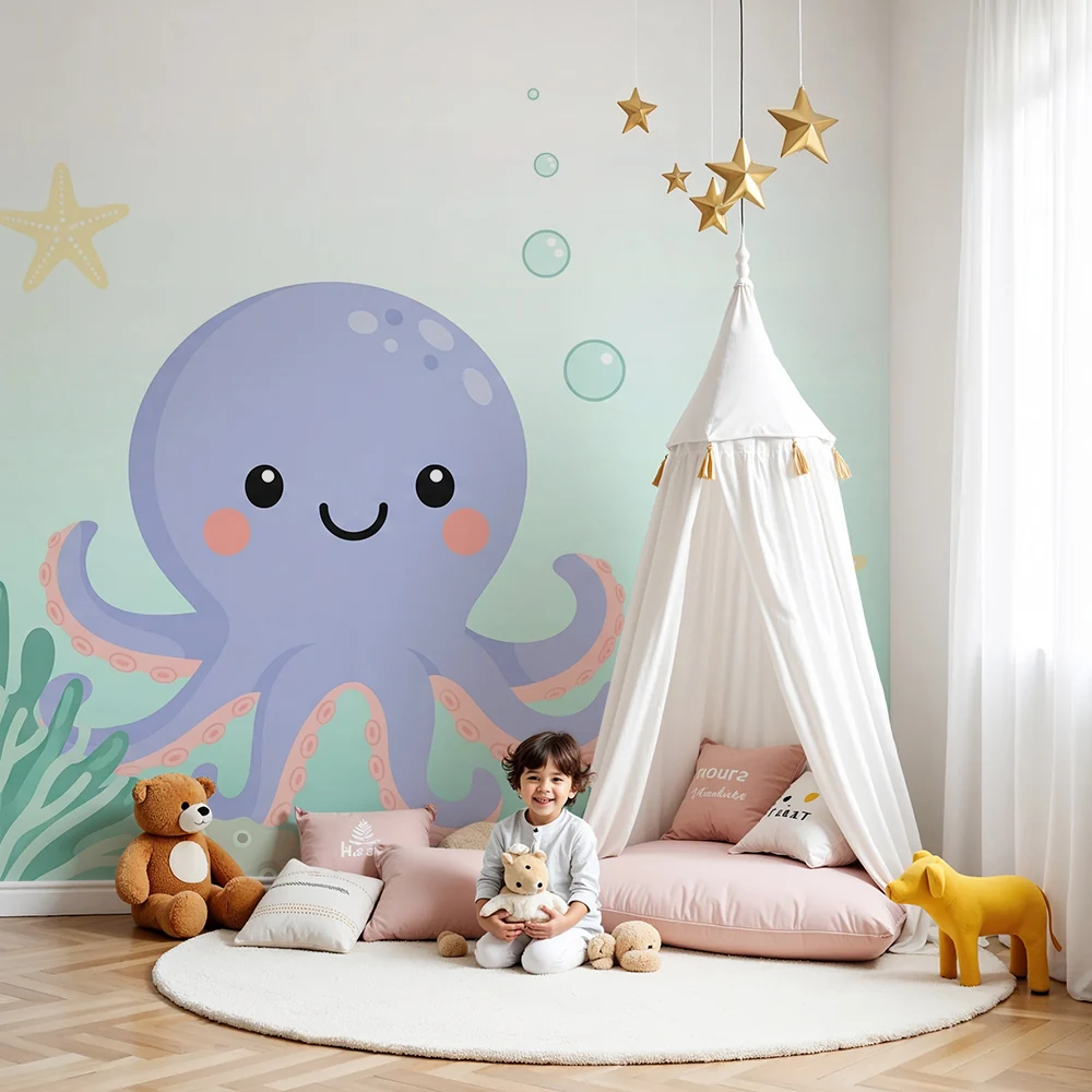 Nursery room wallpaper | Cute octopus and colorful underwater corals