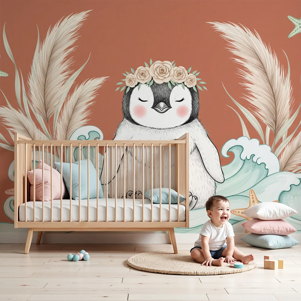 Nursery room wallpaper | Cute penguin and sea waves