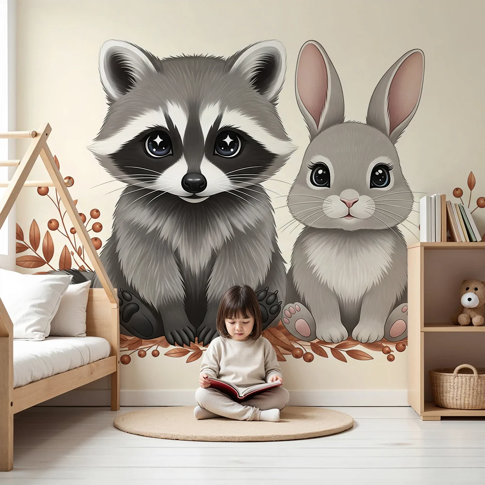 Nursery room wallpaper | Cute raccoon and rabbit middle leaves and mushrooms