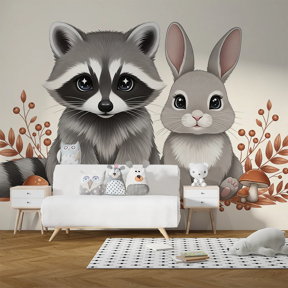 Nursery room wallpaper | Cute raccoon and rabbit middle leaves and mushrooms