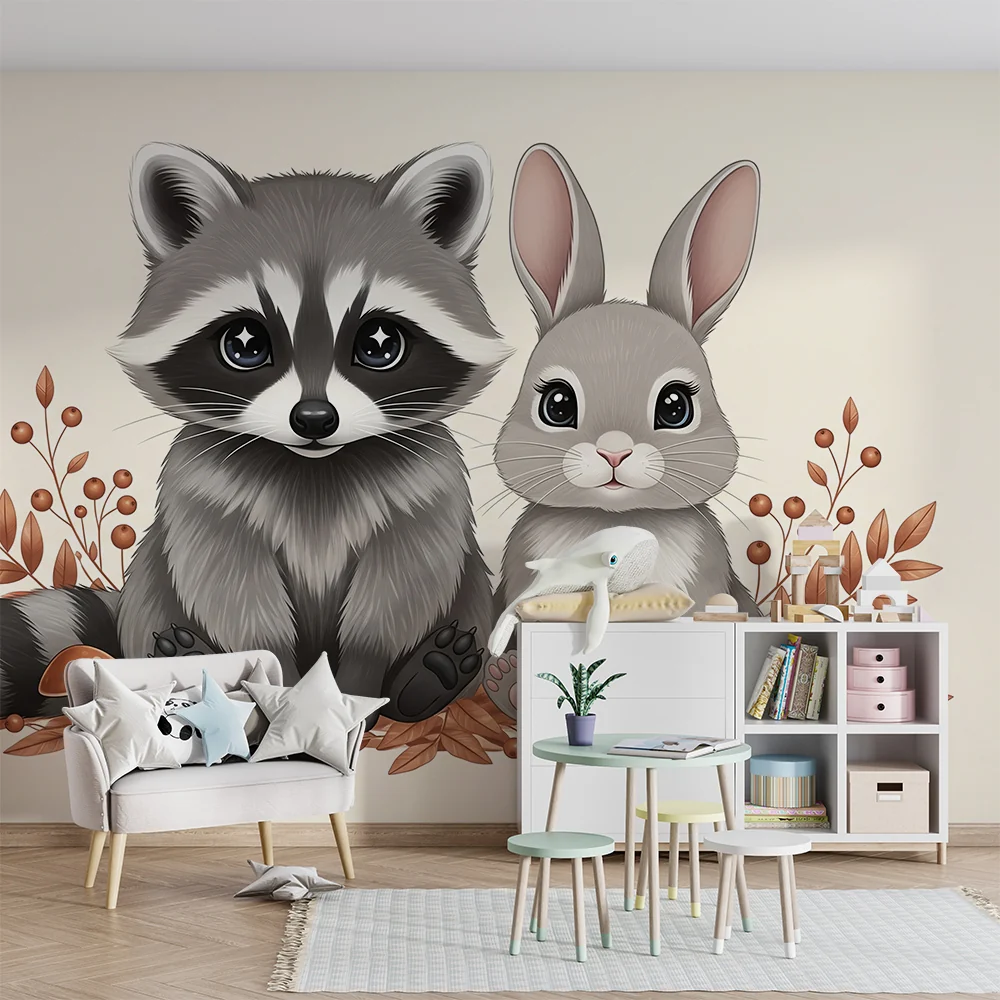 Nursery room wallpaper | Cute raccoon and rabbit middle leaves and mushrooms