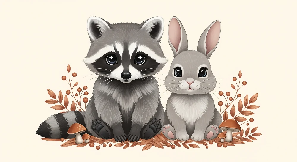 Nursery room wallpaper | Cute raccoon and rabbit middle leaves and mushrooms