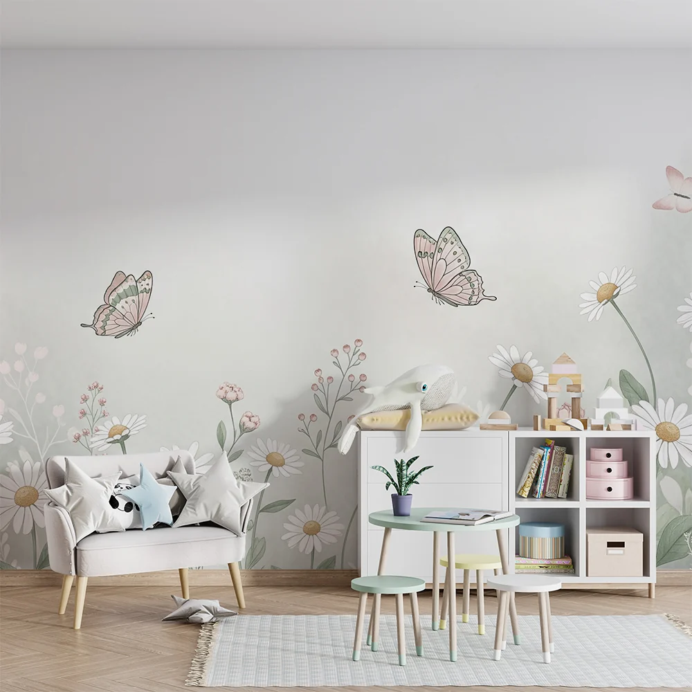 Nursery room wallpaper | Delicate butterflies and wildflowers pastel tones