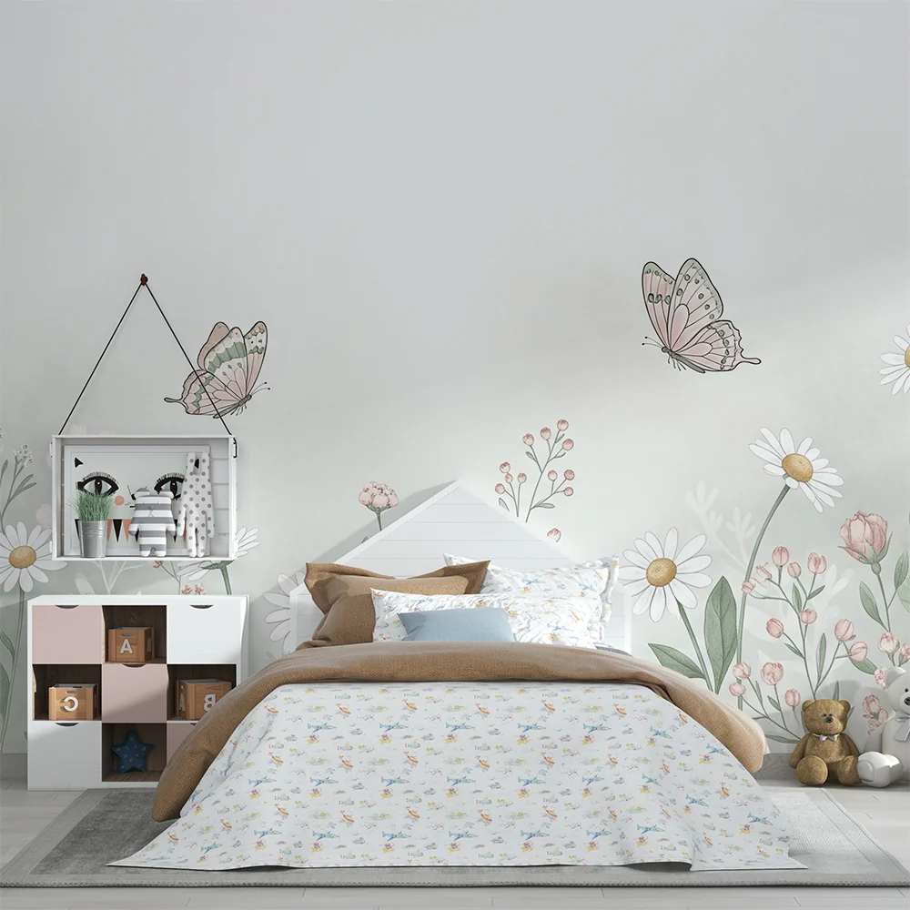 Nursery room wallpaper | Delicate butterflies and wildflowers pastel tones