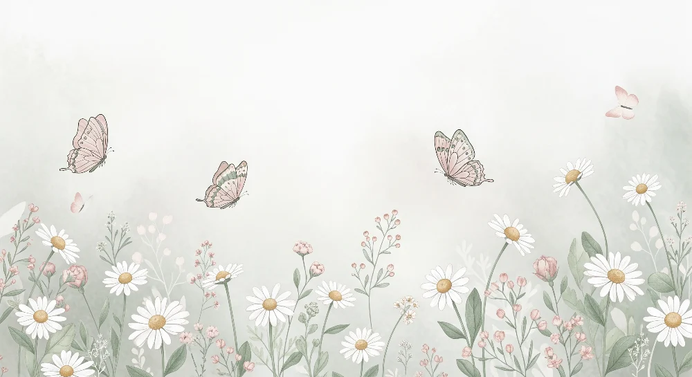 Nursery room wallpaper | Delicate butterflies and wildflowers pastel tones