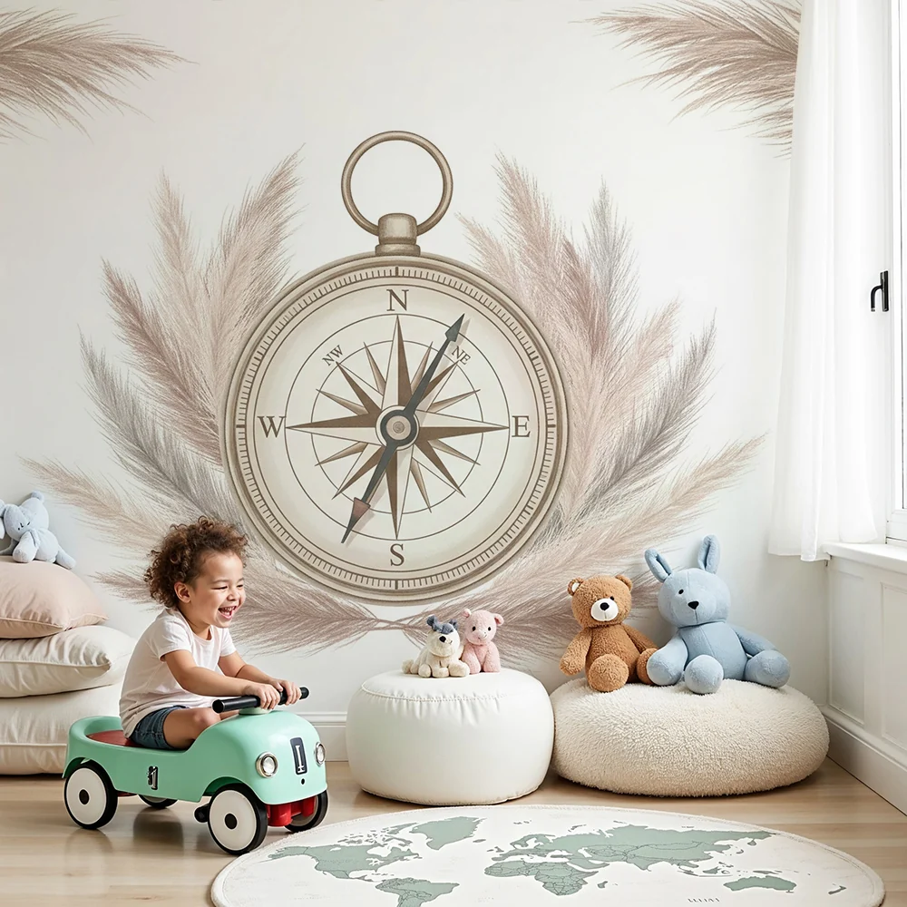 Nursery room wallpaper | Delicate compass surrounded soft feathers