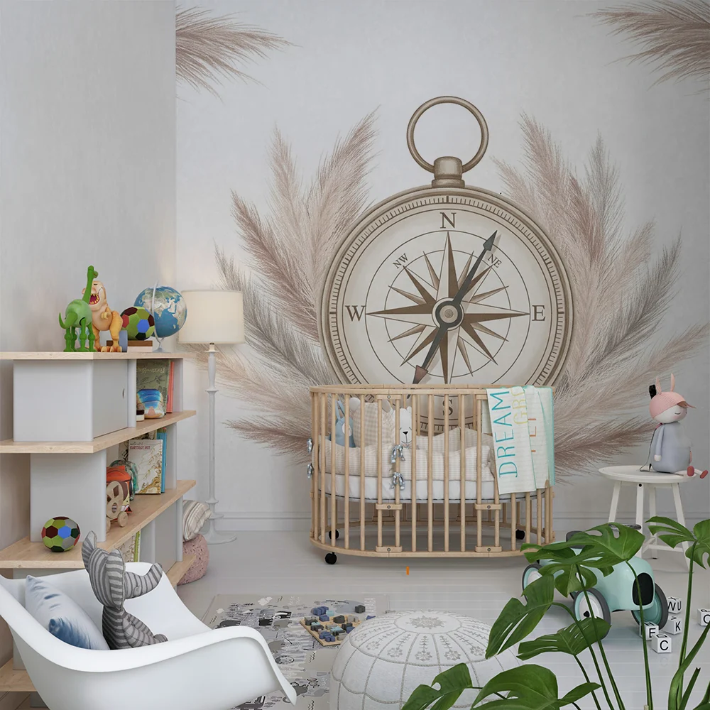 Nursery room wallpaper | Delicate compass surrounded soft feathers