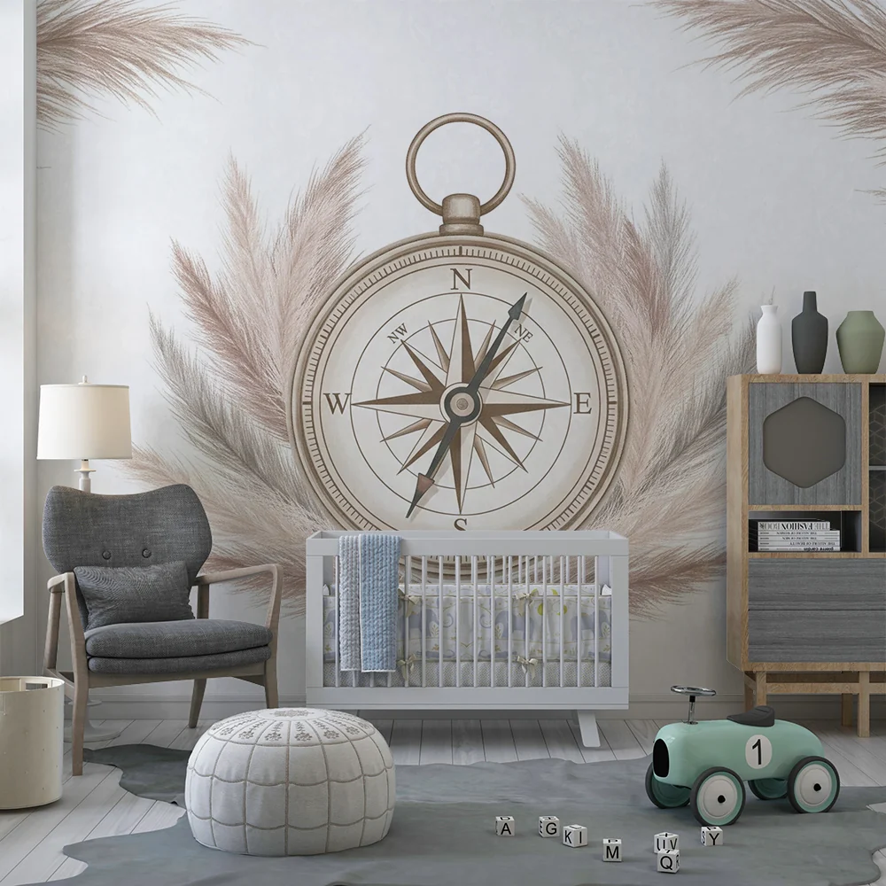 Nursery room wallpaper | Delicate compass surrounded soft feathers