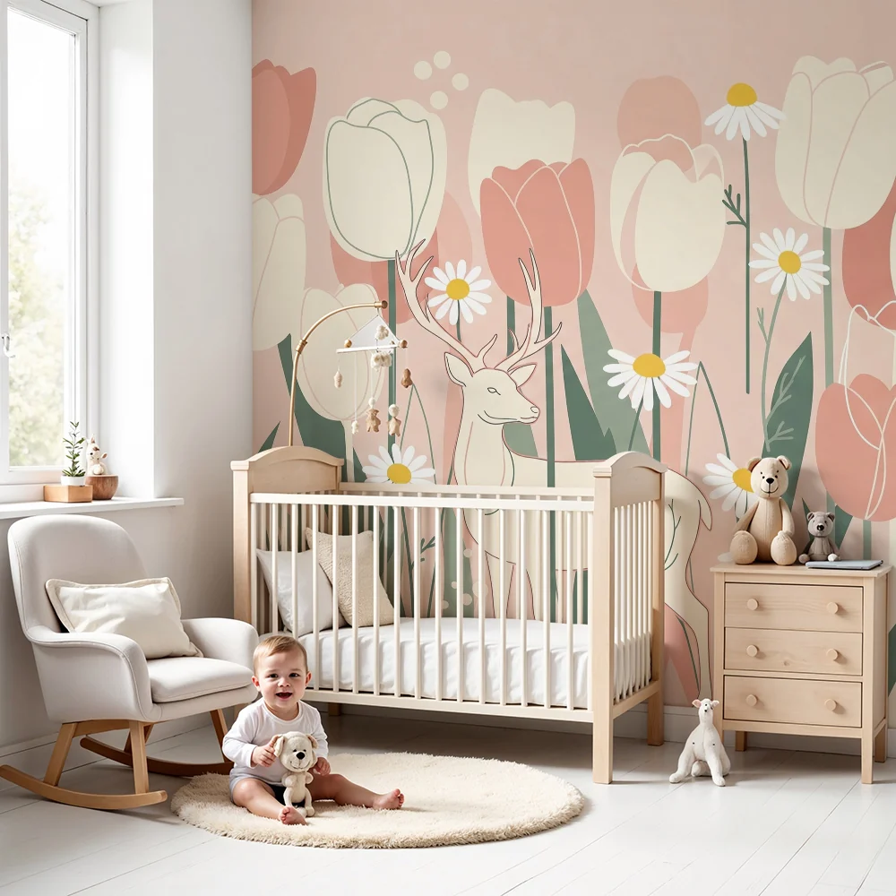 Nursery room wallpaper | Delicate deer amidst tulips and daisies