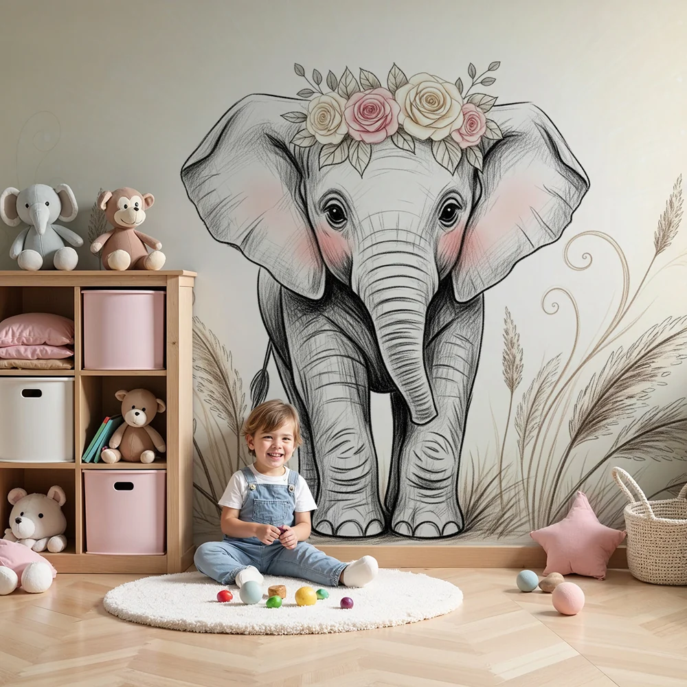 Nursery room wallpaper | Delicate elephant flowers
