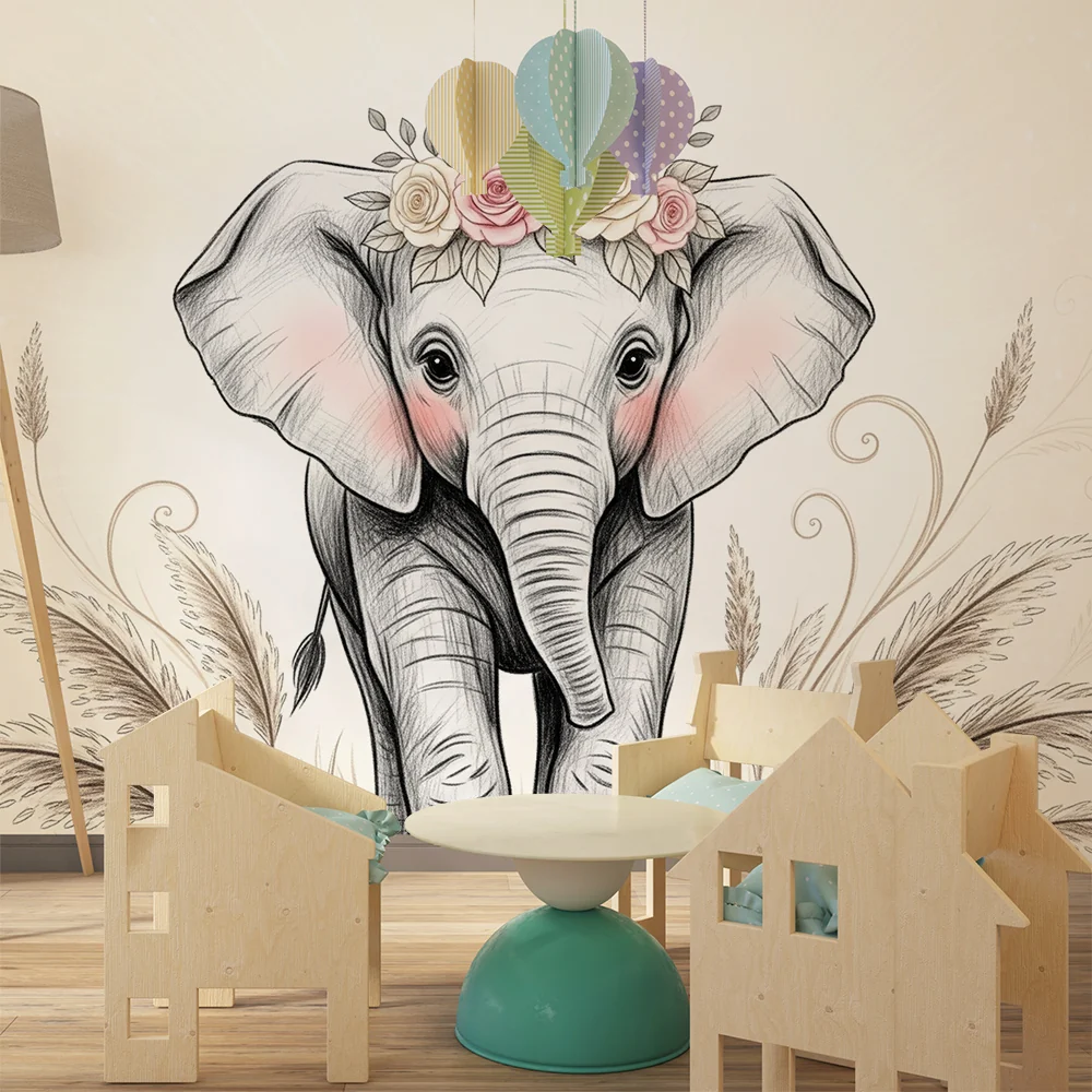 Nursery room wallpaper | Delicate elephant flowers