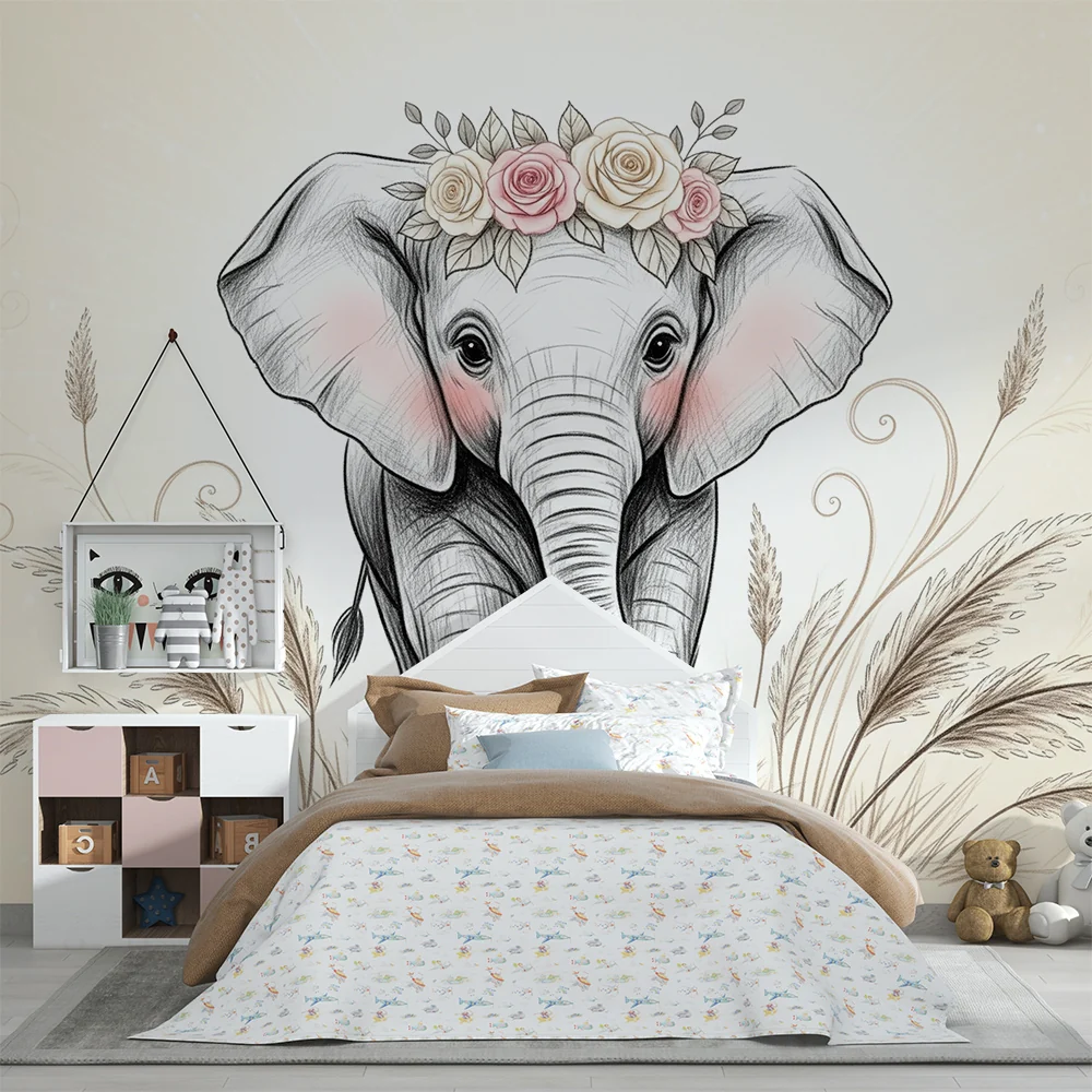 Nursery room wallpaper | Delicate elephant flowers