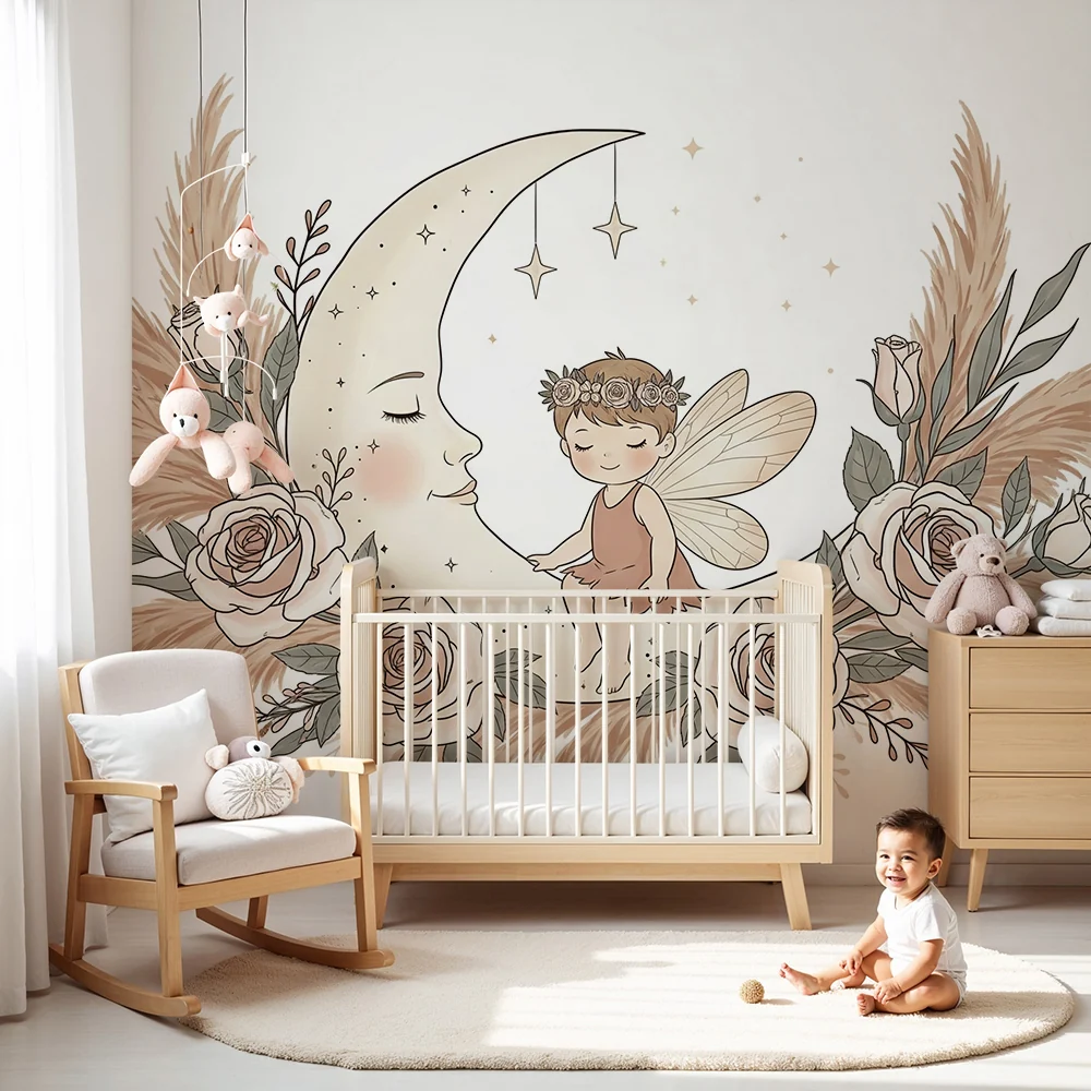 Nursery room wallpaper | Delicate fairy and enchanted moon surrounded flowers