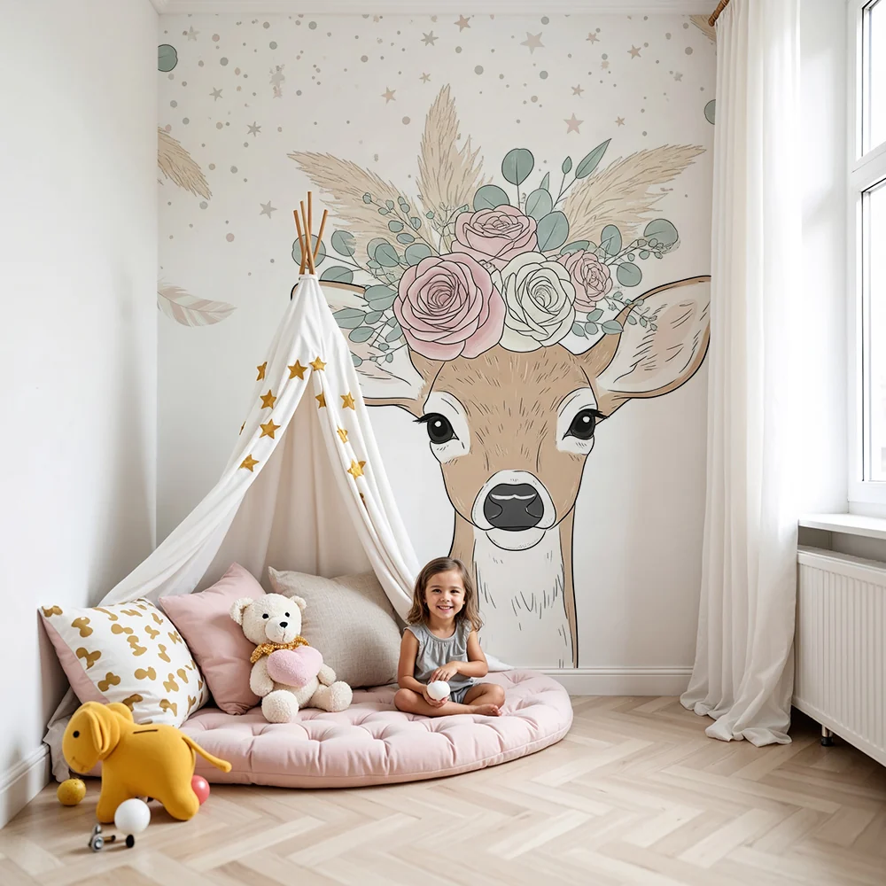 Nursery room wallpaper | Delicate fawn adorned pastel flowers and stars