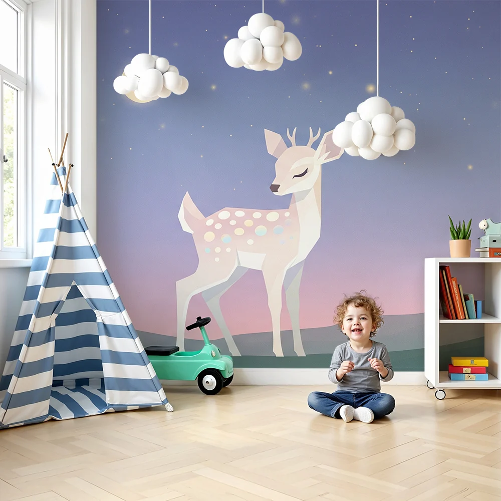 Nursery room wallpaper | Delicate fawn under starry sky