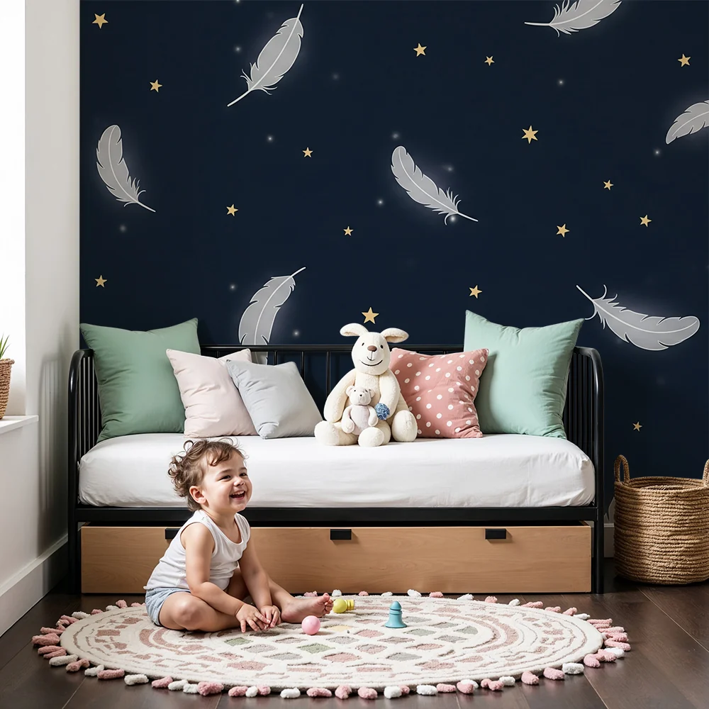 Nursery room wallpaper | Delicate feathers and golden stars on midnight blue background