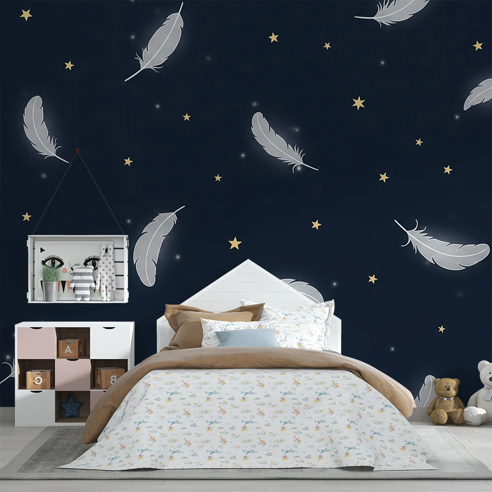Nursery room wallpaper | Delicate feathers and golden stars on midnight blue background