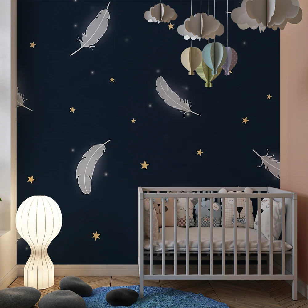 Nursery room wallpaper | Delicate feathers and golden stars on midnight blue background