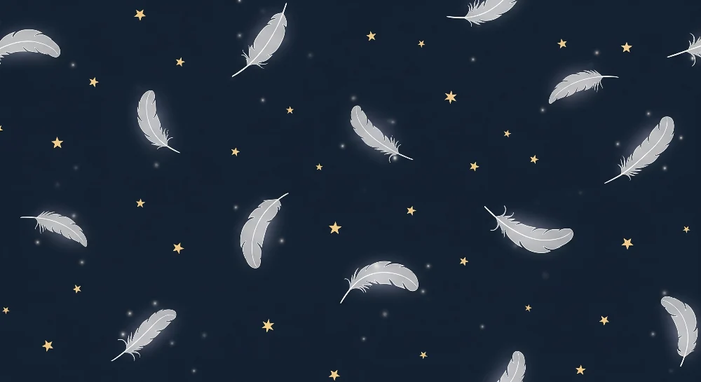 Nursery room wallpaper | Delicate feathers and golden stars on midnight blue background