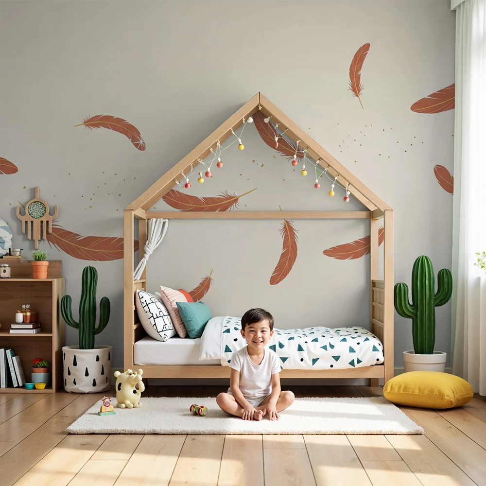Nursery room wallpaper | Delicate feathers and golden splashes on soft background
