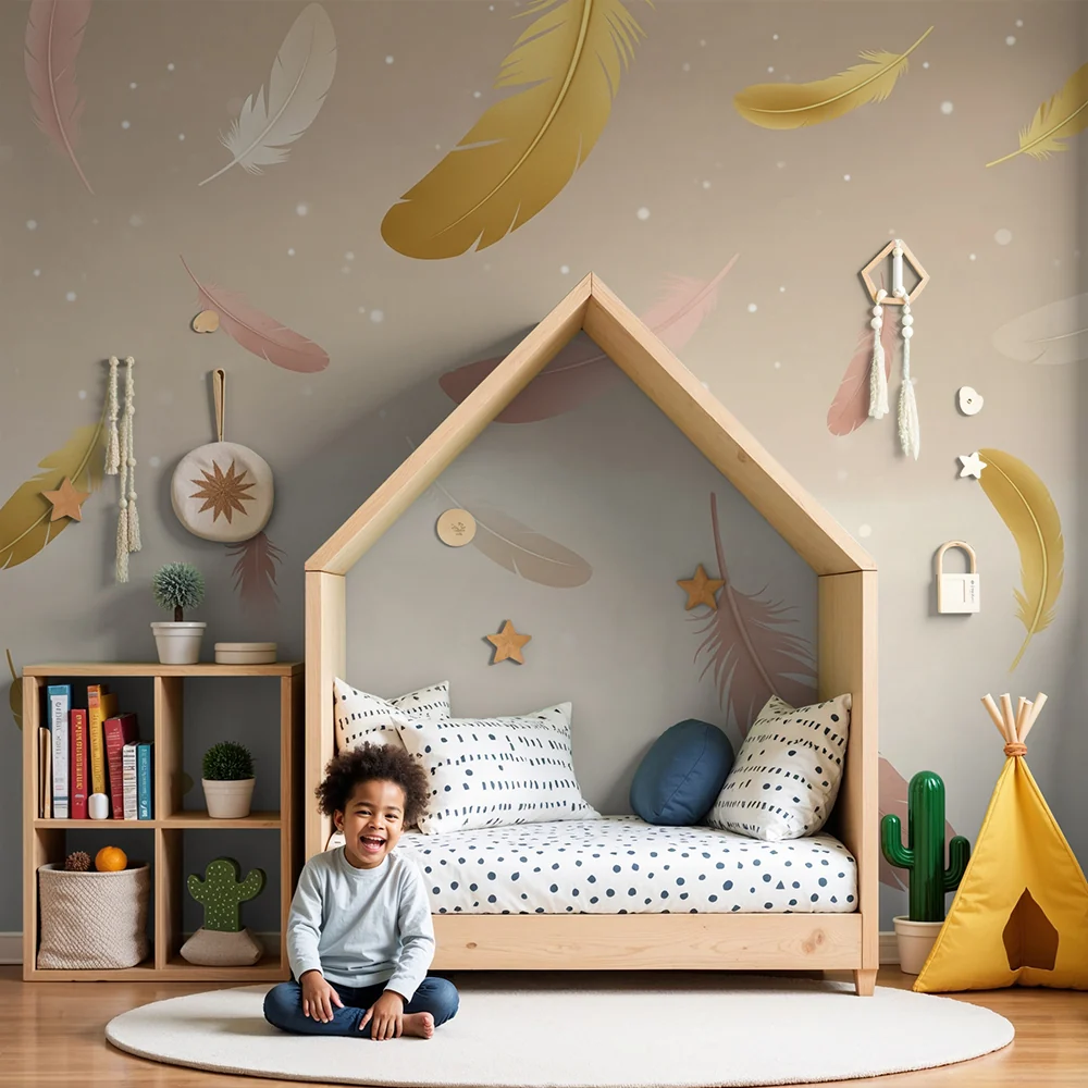 Nursery room wallpaper | Delicate feathers on soft background