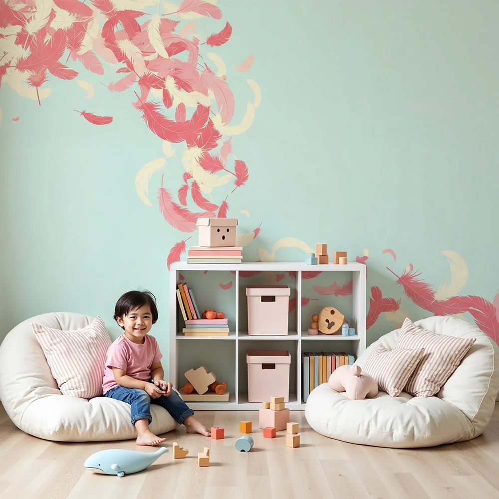 Nursery room wallpaper | Delicate feathers soft pink and cream tones