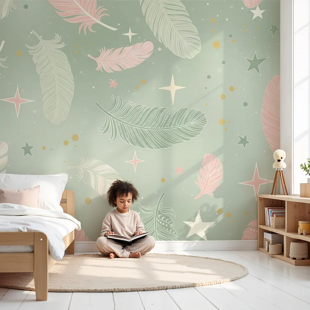 Nursery room wallpaper | Delicate feathers and stars on soft green background