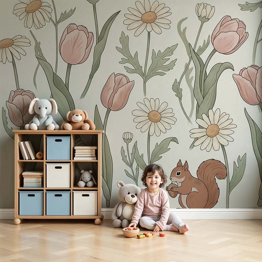 Nursery room wallpaper | Delicate floral elements playful squirrel
