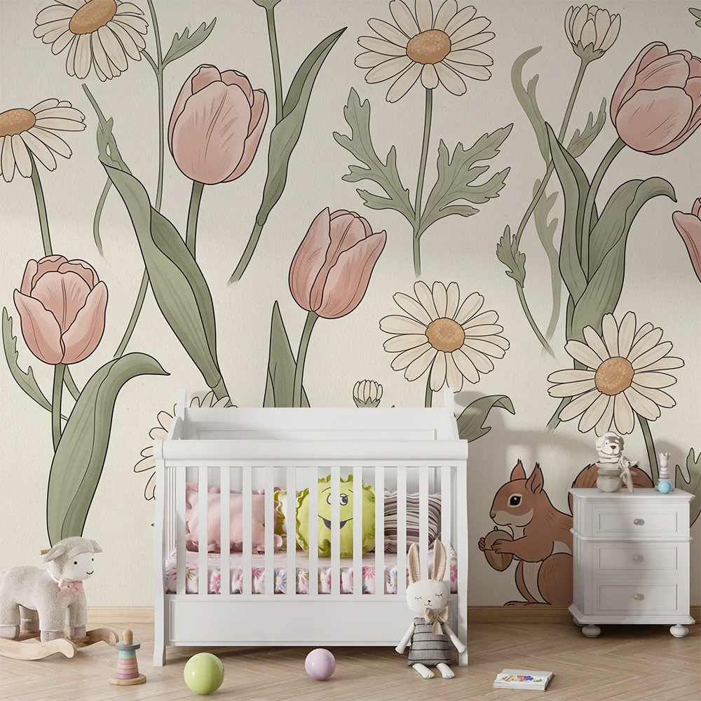 Nursery room wallpaper | Delicate floral elements playful squirrel