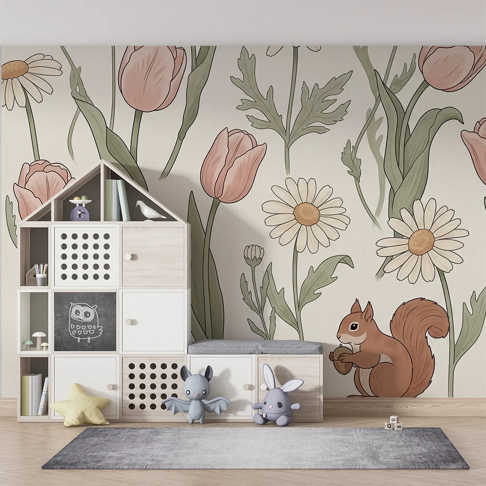 Nursery room wallpaper | Delicate floral elements playful squirrel