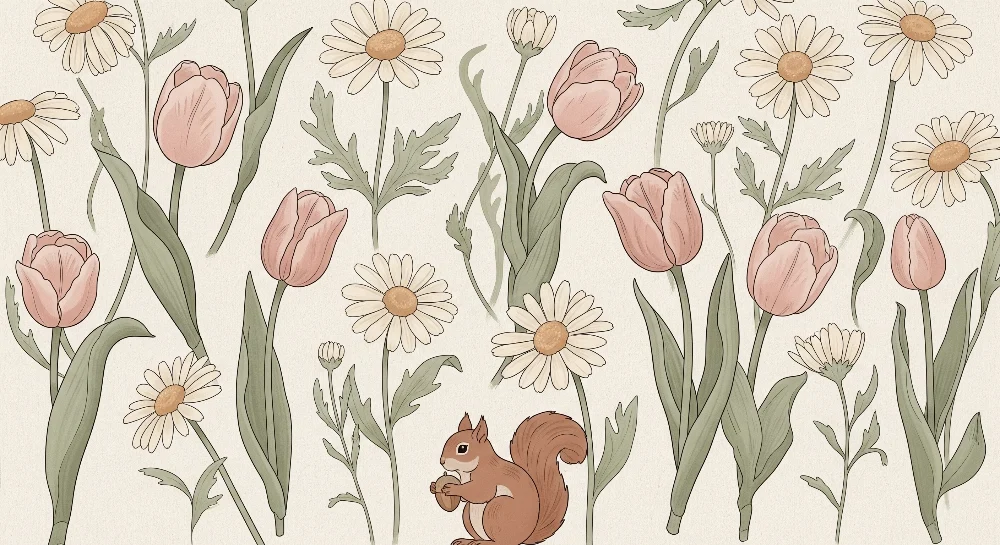 Nursery room wallpaper | Delicate floral elements playful squirrel