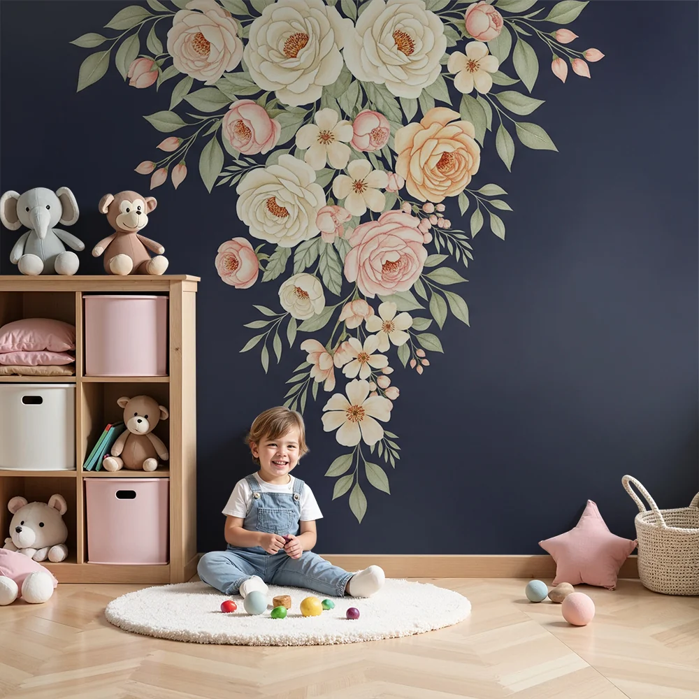 Nursery room wallpaper | Delicate flower bouquet on dark background