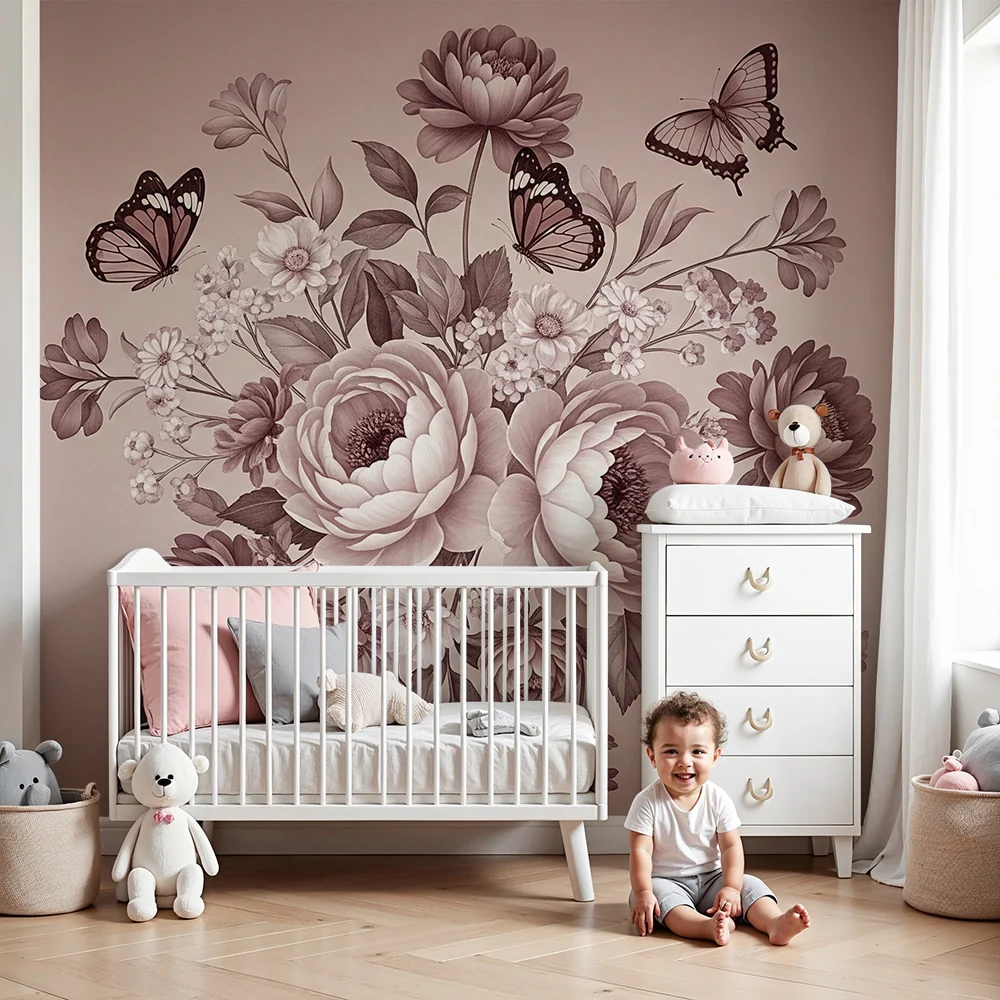 Nursery room wallpaper | Delicate flower bouquet butterflies