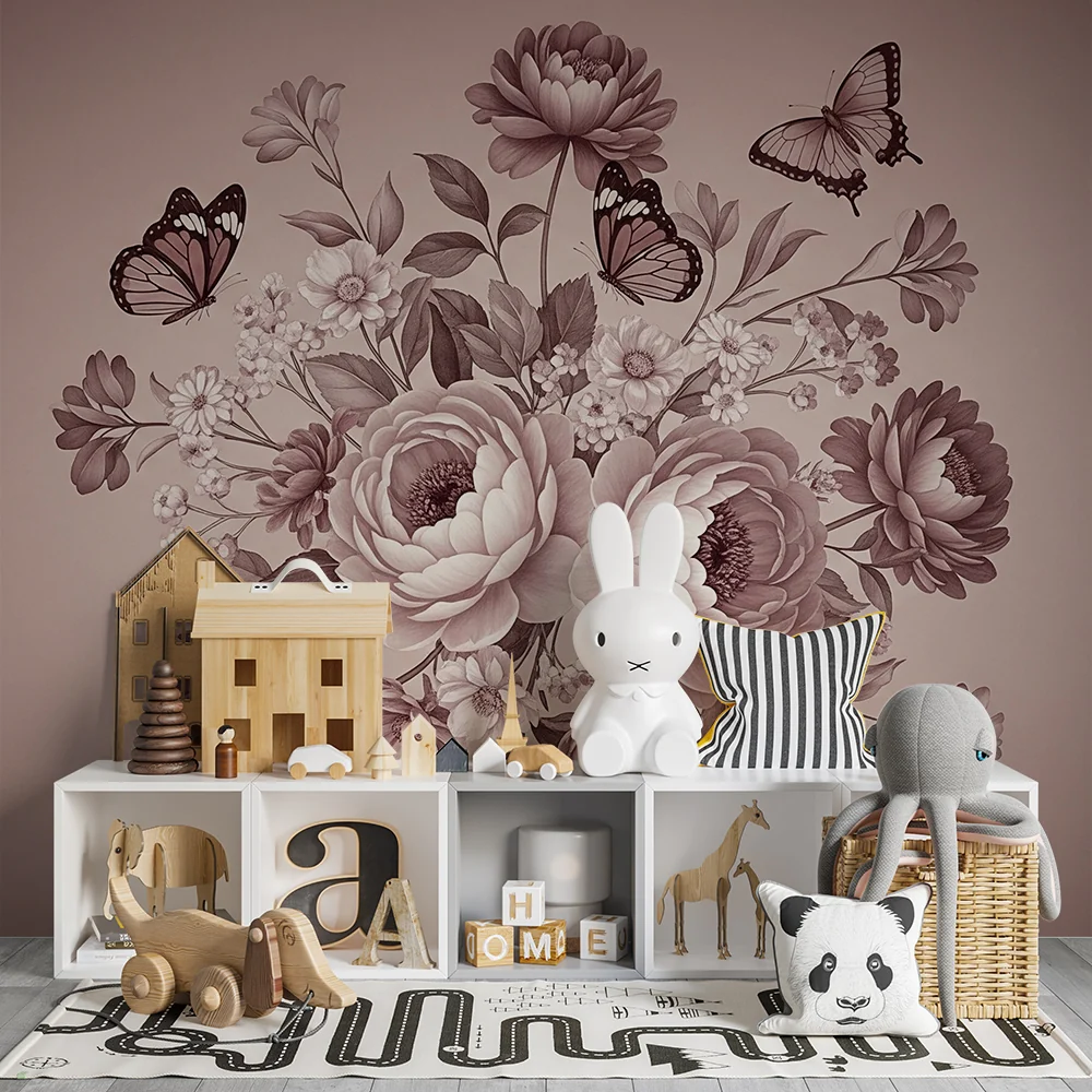 Nursery room wallpaper | Delicate flower bouquet butterflies