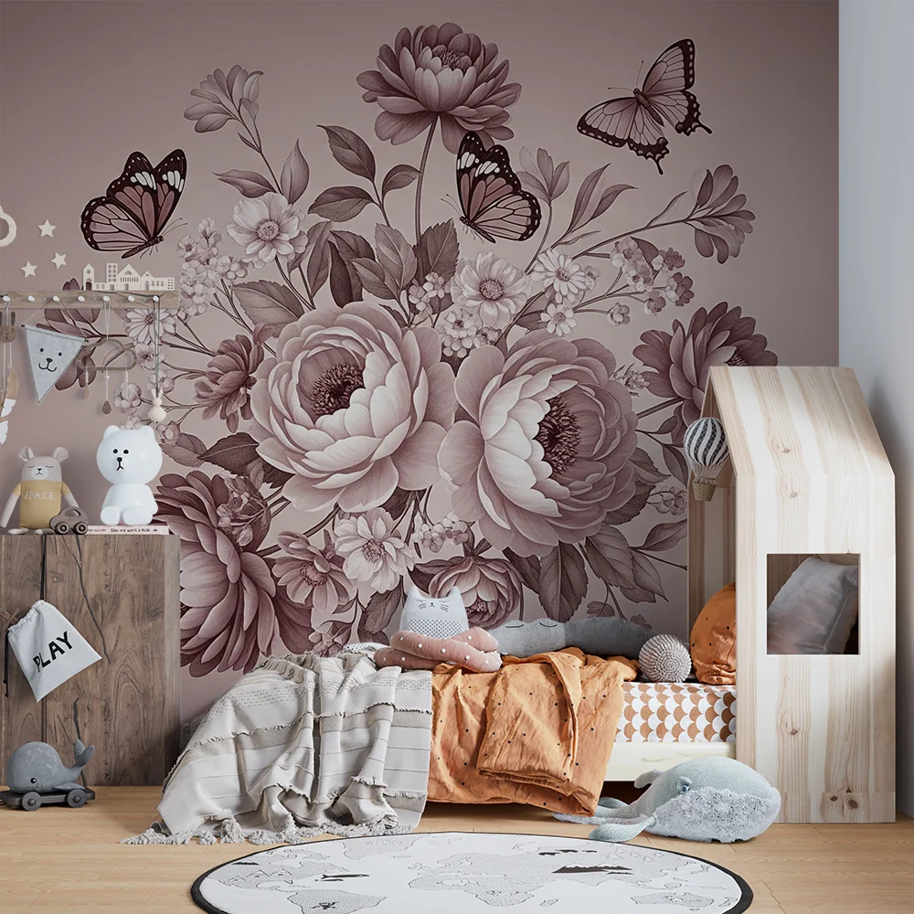 Nursery room wallpaper | Delicate flower bouquet butterflies