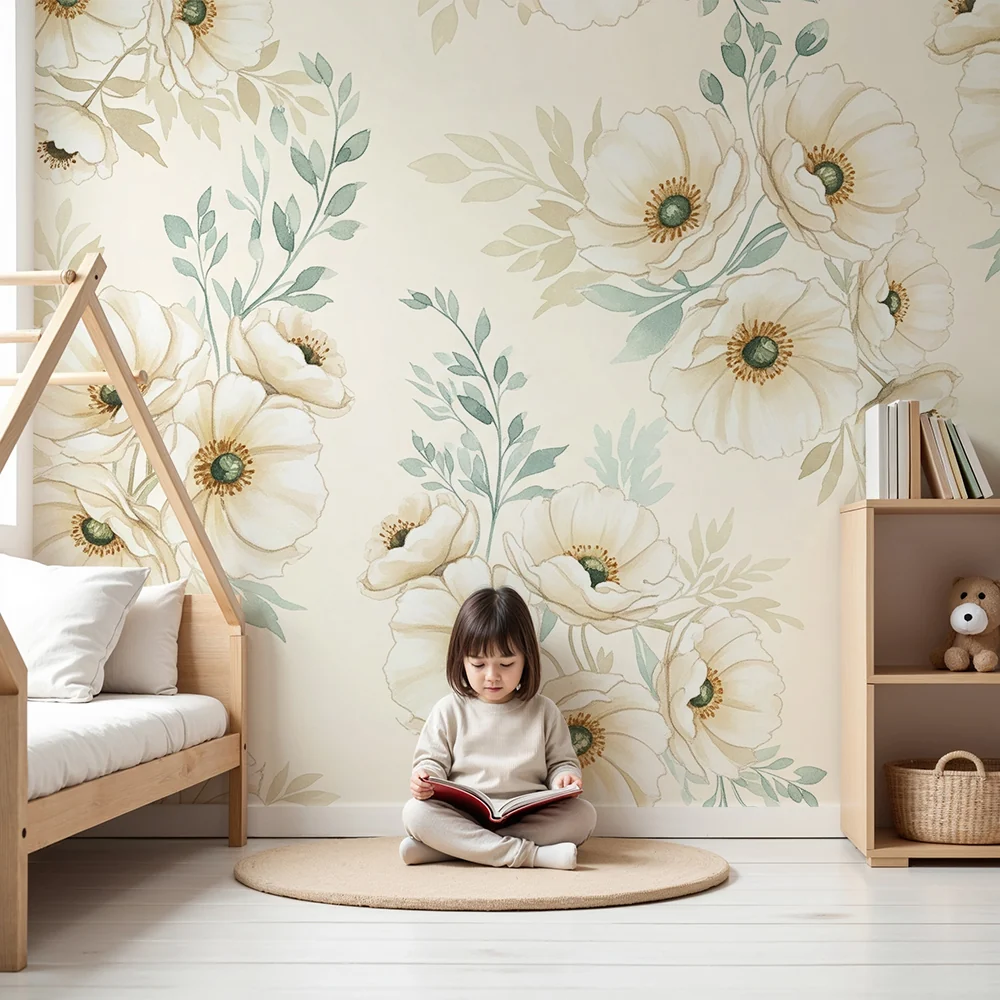 Nursery room wallpaper | Delicate flower bouquets and foliage