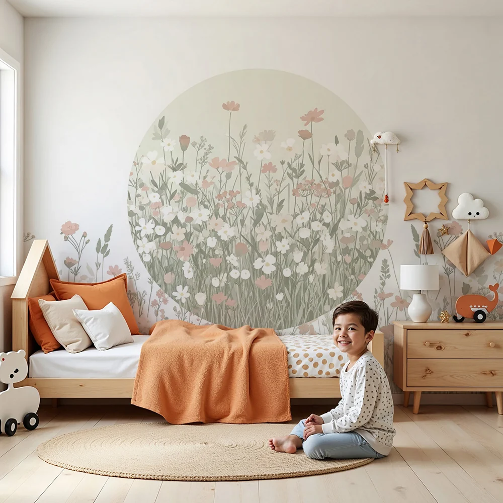 Nursery room wallpaper | Delicate flower field pastel tones