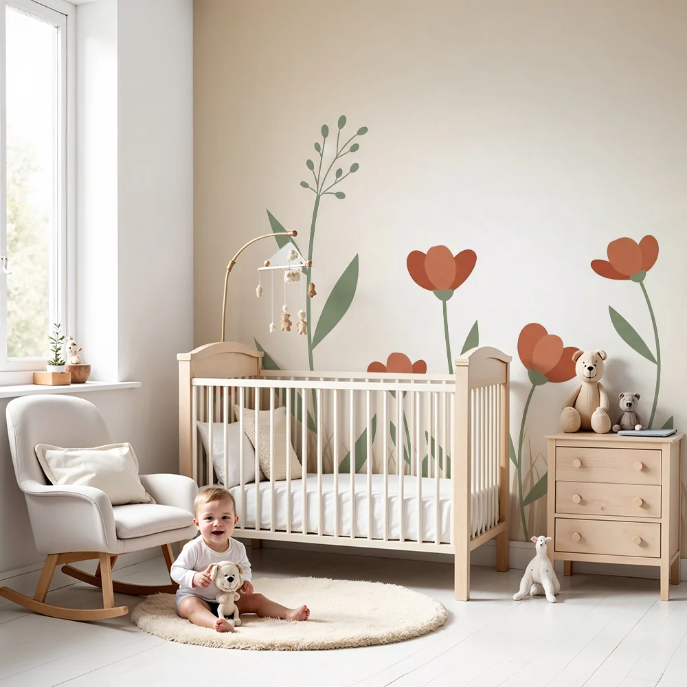 Nursery room wallpaper | Delicate flowers on beige background