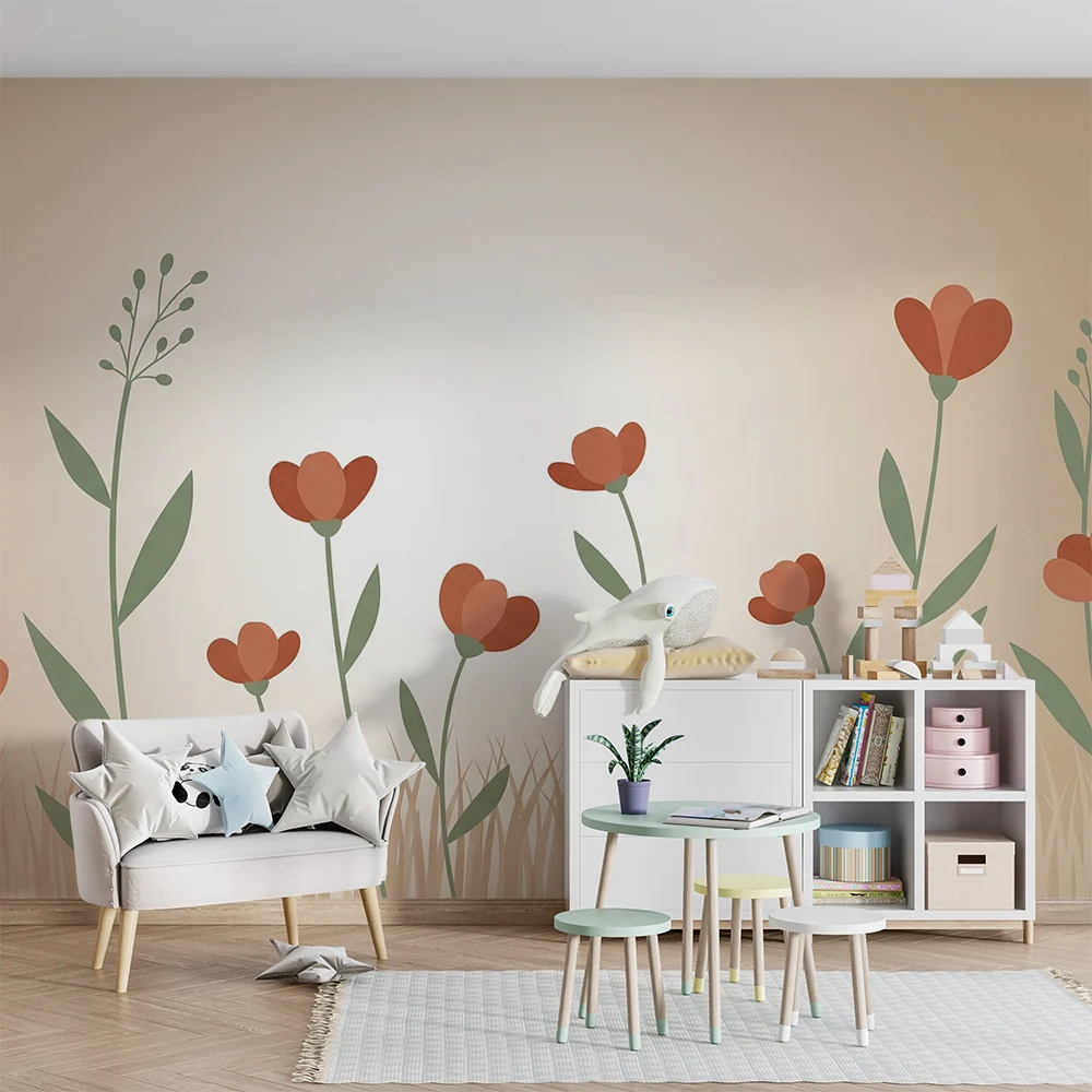 Nursery room wallpaper | Delicate flowers on beige background