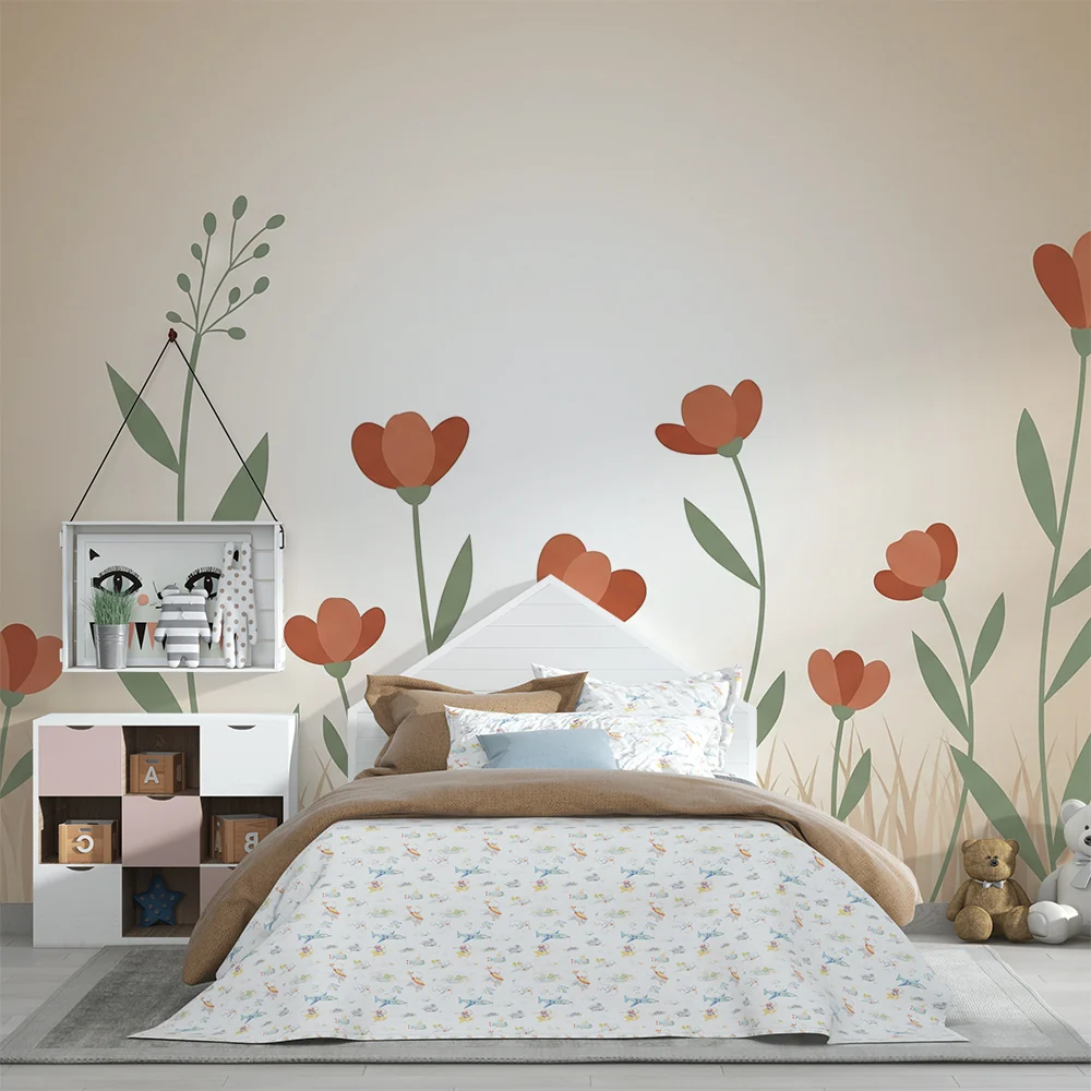 Nursery room wallpaper | Delicate flowers on beige background